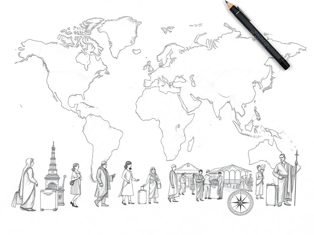 Pencil drawing of cultures, behaviors, and perspectives around the world